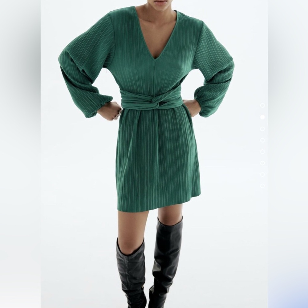 Zara dark green pleated mini dress with a knot detail.